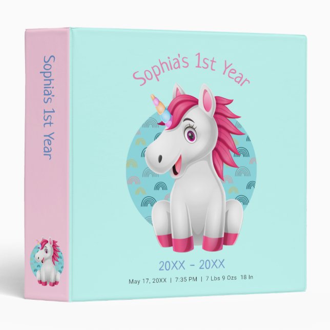 Cute Unicorn Cartoon, DIY Name, Date, Pale Teal 3 Ring Binder (Front/Spine)