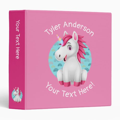 Cute Unicorn Cartoon DIY Name  Extra Text Pink 3 Ring Binder