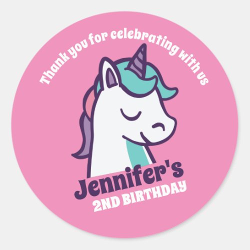 Cute Unicorn Cartoon Girls Birthday Party Favor Classic Round Sticker