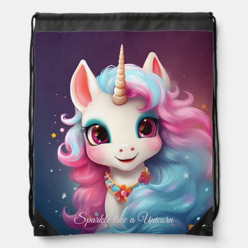 Cute Unicorn Cartoon in Pink  Purple Personalized Drawstring Bag