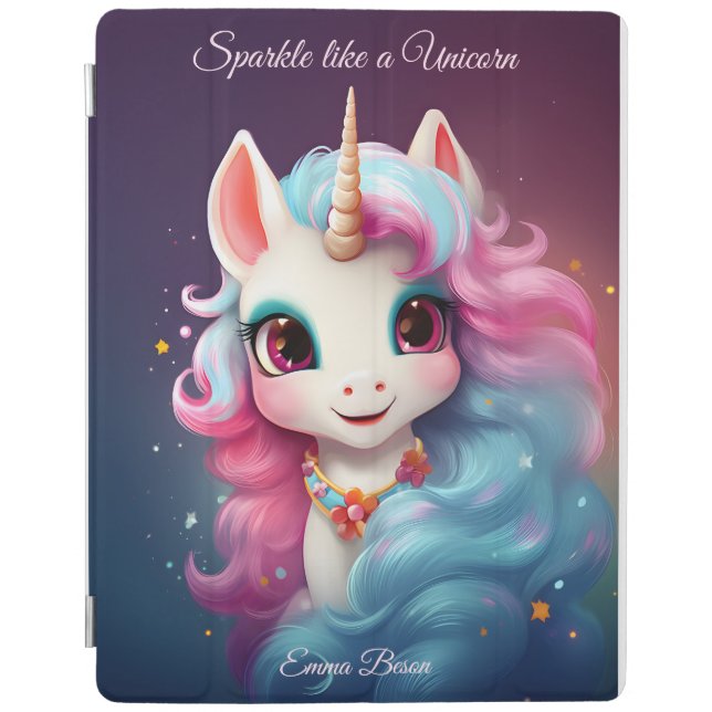 Cute Unicorn Cartoon in Pink & Purple Personalized iPad Air Cover (Front)