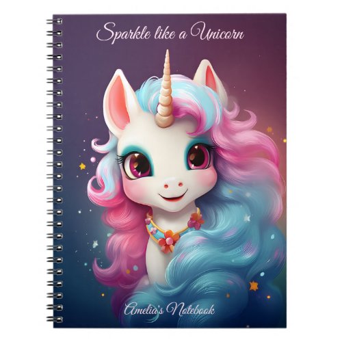 Cute Unicorn Cartoon in Pink  Purple Personalized Notebook