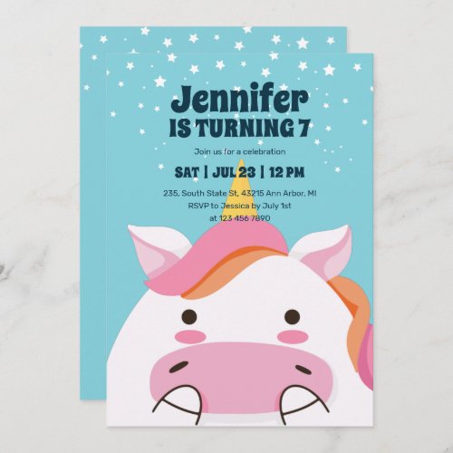 Cute  Unicorn Cartoon Magical Kids Birthday Invitation