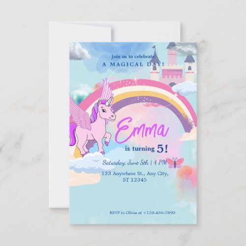 Cute Unicorn castle Birthday invitation for Child