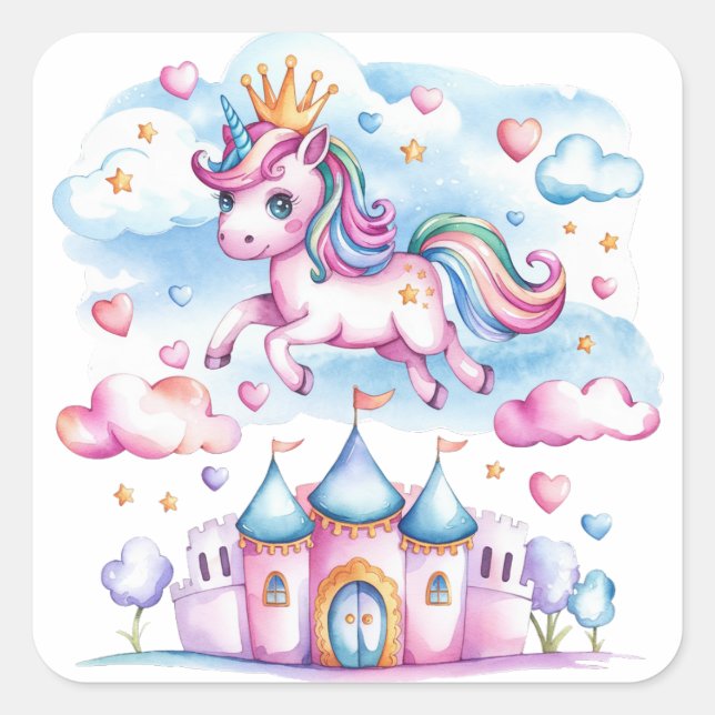 Cute Unicorn Castle Magical Land Girl Birthday  Square Sticker (Front)