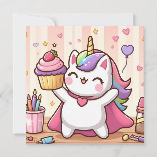 Cute Unicorn Cat Birthday Card