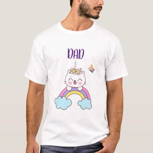 Cute Unicorn Cat Birthday Party DAD Matching  T_Shirt
