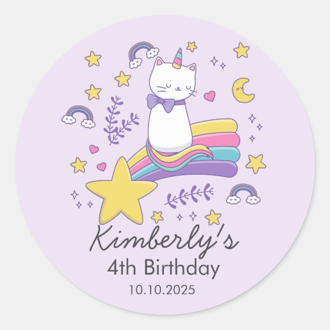 Cute Unicorn Cat Kids Birthday Party Classic Round Sticker (Front)