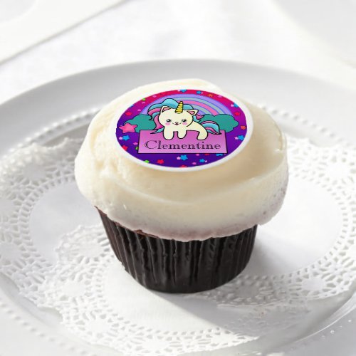 Cute Unicorn Cat on Delightful Rainbow with Stars Edible Frosting Rounds