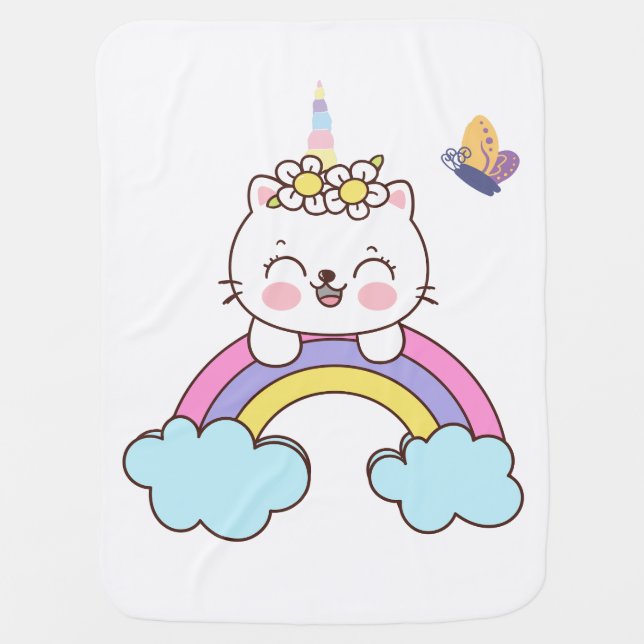 Cute unicorn cat on rainbow baby blanket (Front)