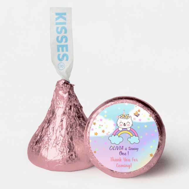 Cute Unicorn Cat on Rainbow Stars 1st Birthday Hershey®'s Kisses® (Front)