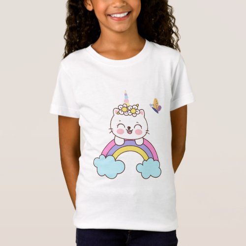 Cute unicorn cat on rainbow T_Shirt