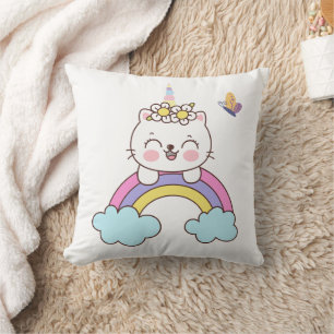 Cute unicorn cat on rainbow throw pillow