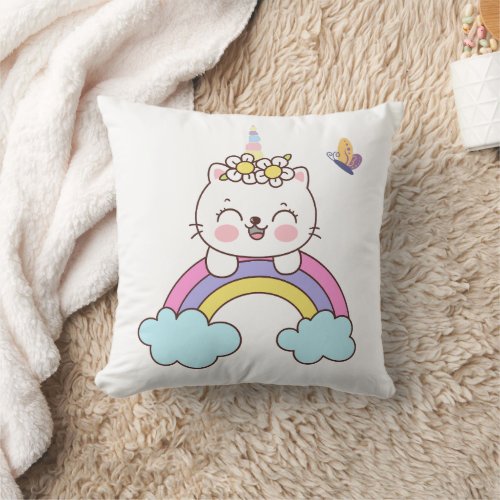 Cute unicorn cat on rainbow throw pillow