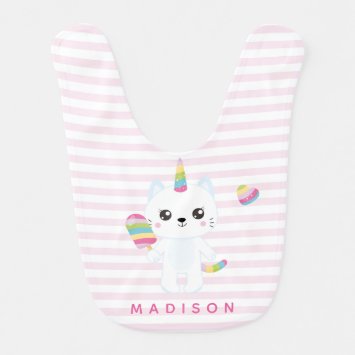 Cute Unicorn Cat - Pink Striped Baby Bib