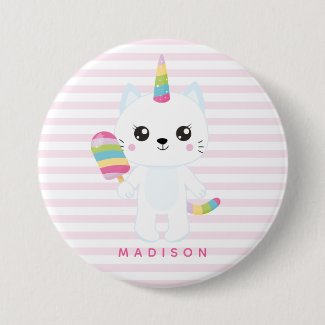 Cute Unicorn Cat - Pink Striped Button