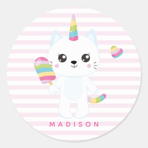 Cute Unicorn Cat _ Pink Striped  Classic Round Sticker