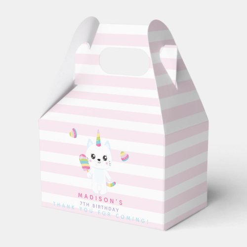 Cute Unicorn Cat _ Pink Striped Kids Birthday Favor Boxes