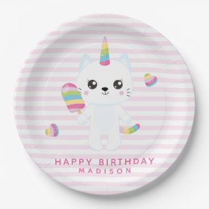 Cute Unicorn Cat - Pink Striped Paper Plates