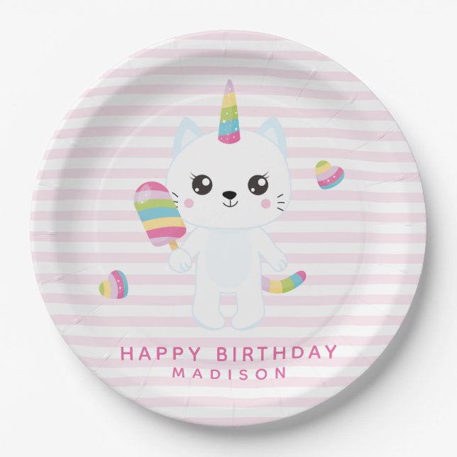 Cute Unicorn Cat - Pink Striped   Paper Plates (Front)