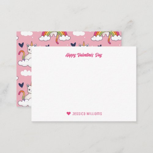 Cute Unicorn Cat Rainbow Cloud Valentines Day Note Card