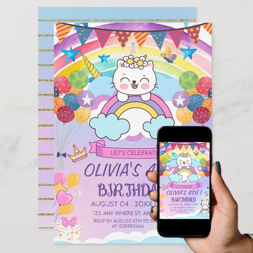 Cute Unicorn Cat Rainbow Girls Birthday Party  Invitation