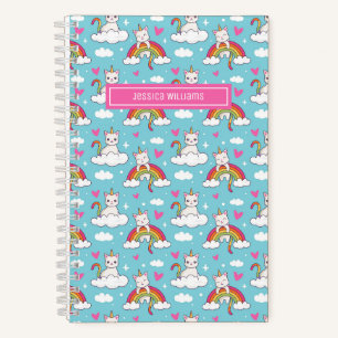 Cute Unicorn Cat Rainbow Heart Pattern Custom Blue Notebook