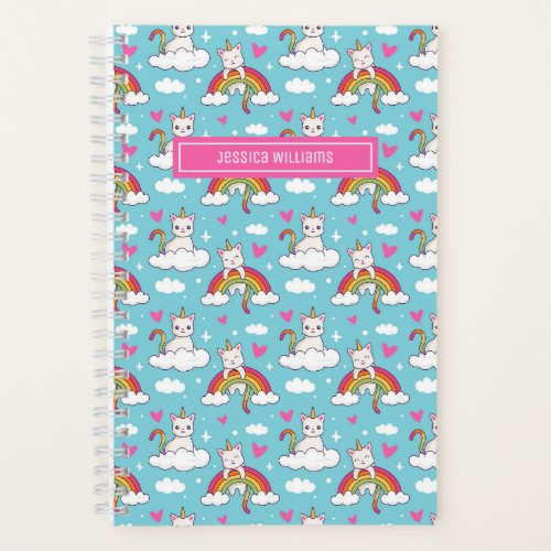 Cute Unicorn Cat Rainbow Heart Pattern Custom Blue Notebook