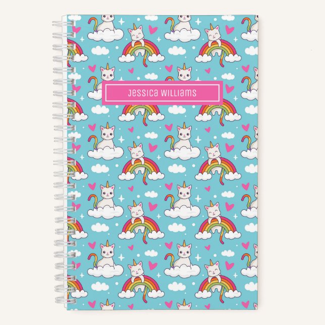 Cute Unicorn Cat Rainbow Heart Pattern Custom Blue Notebook (Front)