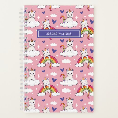 Cute Unicorn Cat Rainbow Heart Pattern Custom Pink Notebook