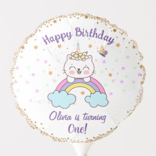 Cute Unicorn Cat Rainbow Stars Girl 1st Birthday  Balloon
