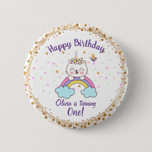 Cute Unicorn Cat Rainbow Stars Girl 1st Birthday Button