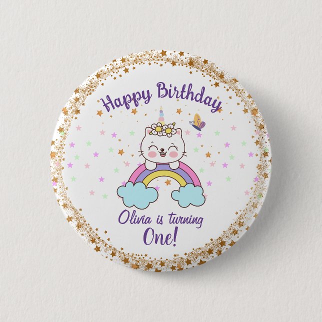 Cute Unicorn Cat Rainbow Stars Girl 1st Birthday  Button (Front)