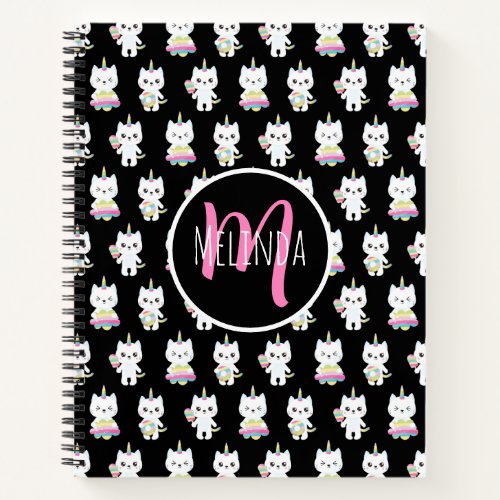 Cute Unicorn Cats Black Pattern Notebook