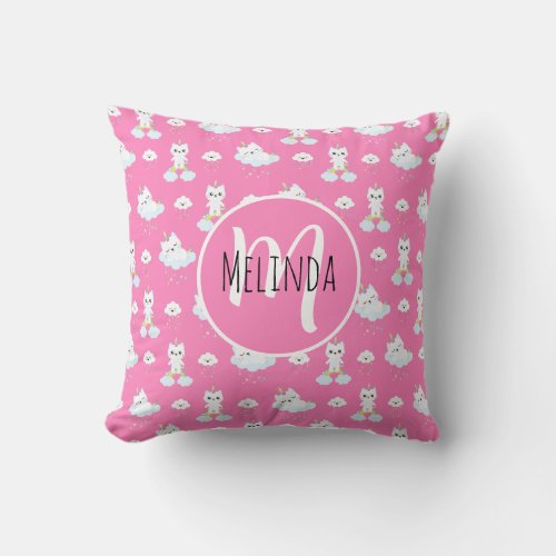 Cute Unicorn Cats Hot Pink Pattern Throw Pillow