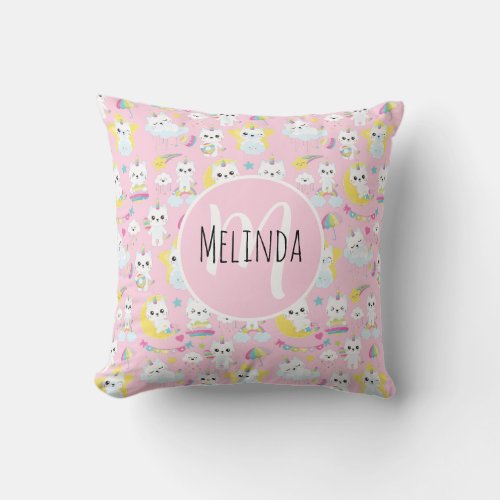 Cute Unicorn Cats Light Pink Pattern Throw Pillow