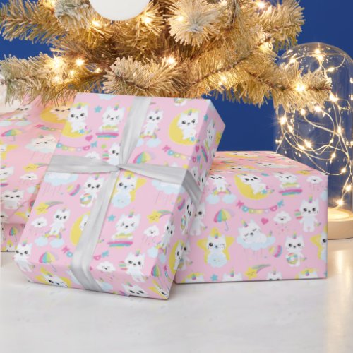 Cute Unicorn Cats Light Pink Patterns Wrapping Paper