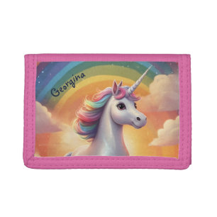 Cute Unicorn Chasing Rainbows Personalized Trifold Wallet