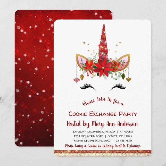 Cute Unicorn Christmas Cookie Exchange Party Invitation (Front/Back)