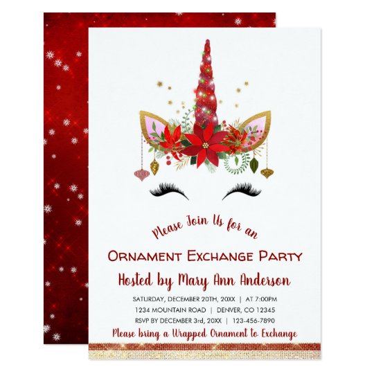 cute unicorn christmas ornament exchange party invitation zazzle com
