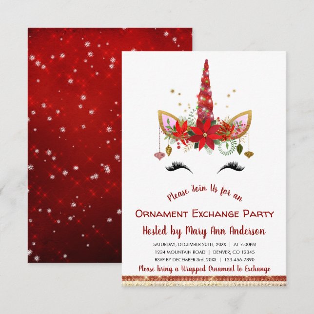 Cute Unicorn Christmas Ornament Exchange Party Invitation (Front/Back)