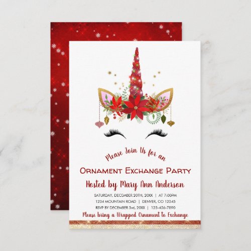 Cute Unicorn Christmas Ornament Exchange Party Invitation