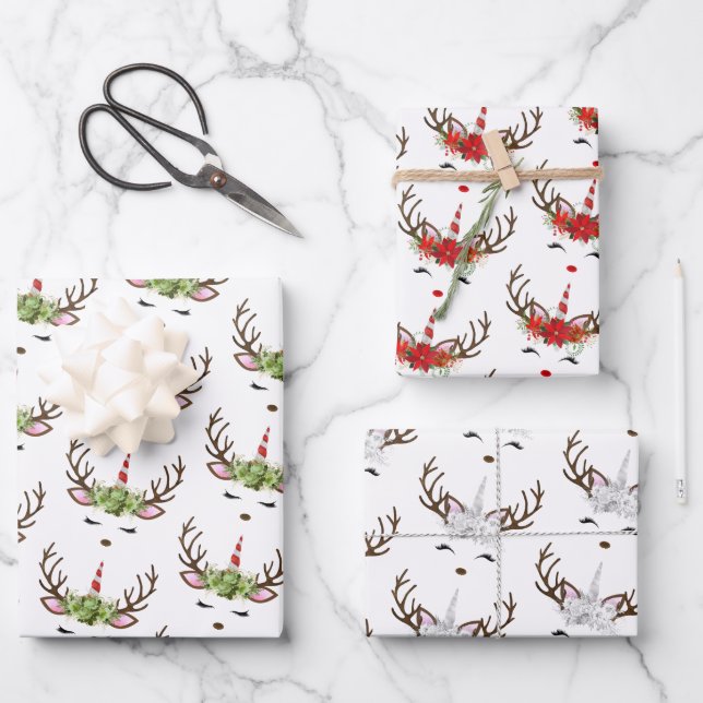 Cute Unicorn Christmas Patters Red White Green  Wrapping Paper Sheets (Front)