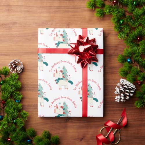 Cute Unicorn Christmas Tree Child Name Love Santa Wrapping Paper