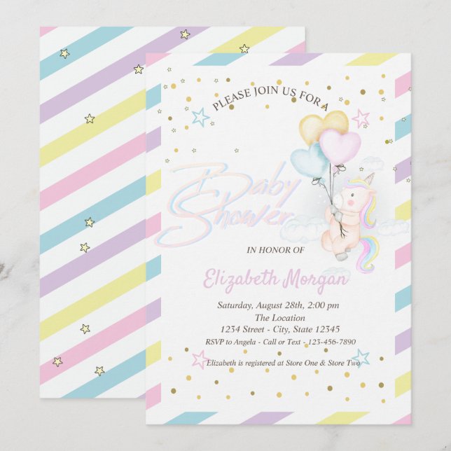 Cute Unicorn, Cloud,Balloons Stars Baby Shower Invitation (Front/Back)