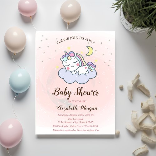 Cute Unicorn Cloud Stars Baby Shower Invitation