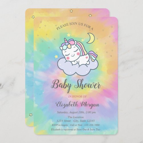 Cute Unicorn Cloud Stars Tie Dye Baby Shower Invitation