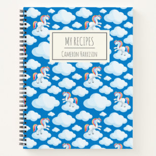 Cute Unicorn Clouds Blue Personalized Kids Recipe Notebook