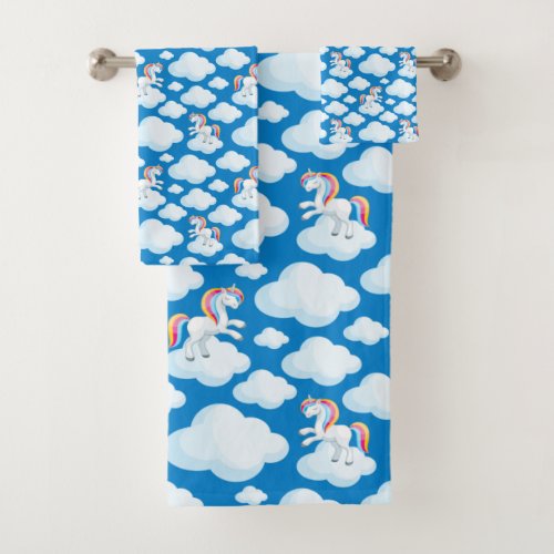 Cute Unicorn Clouds Whimsical Blue Pattern Bath Towel Set