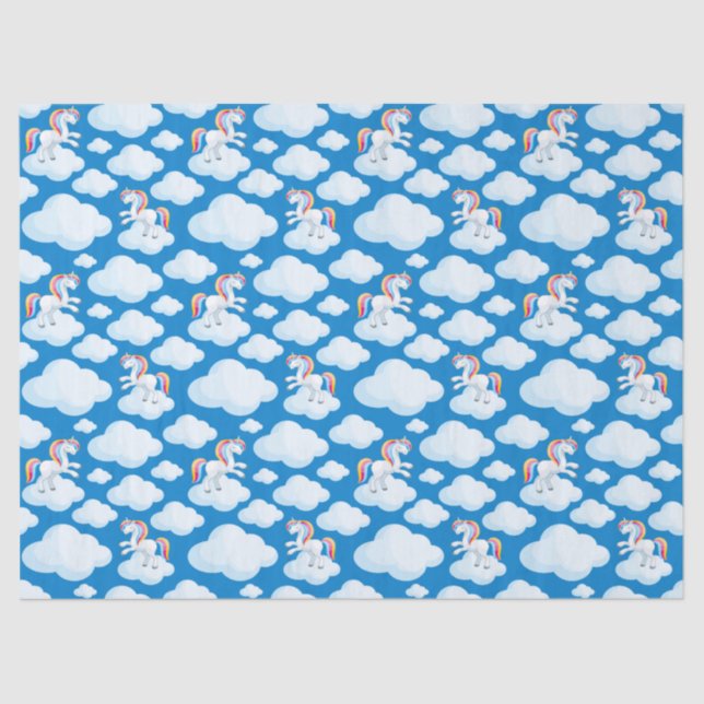 Cute Unicorn Clouds Whimsical Blue Pattern Tissue Paper (Front)